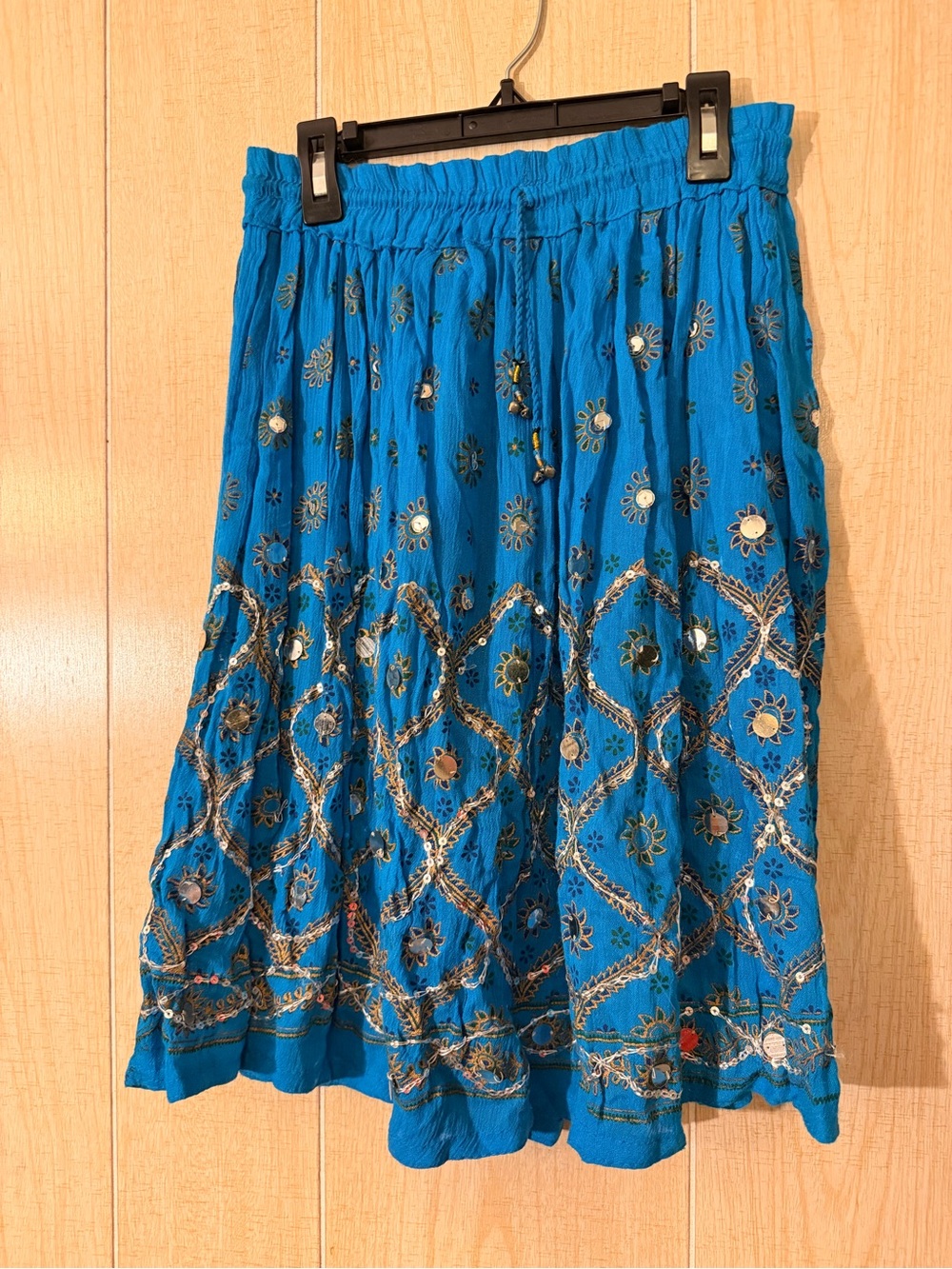 Boho Blue Embroidered Mirror Skater Skirt